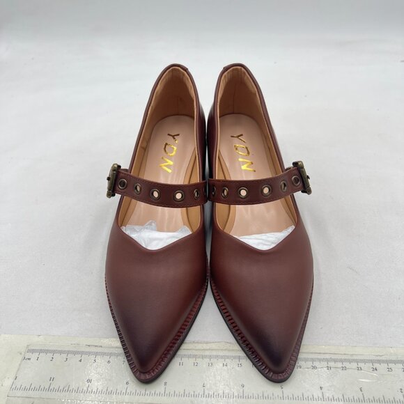 YDN Brown Ankle Strap Pointed Toe Mary Jane Chunky Heels Loafers Buckle Pumps - Picture 3 of 8